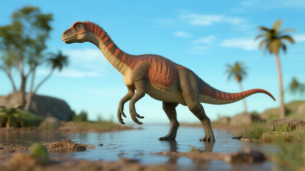 Baryonyx dinosaur figure toy with long crocodile-like snout and large claws fish-eating theropod near river