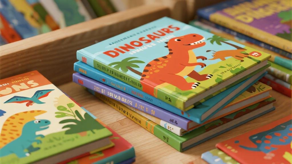 Best dinosaur books for kids stacked by age with colorful illustrated covers featuring T-Rex and stegosaurus