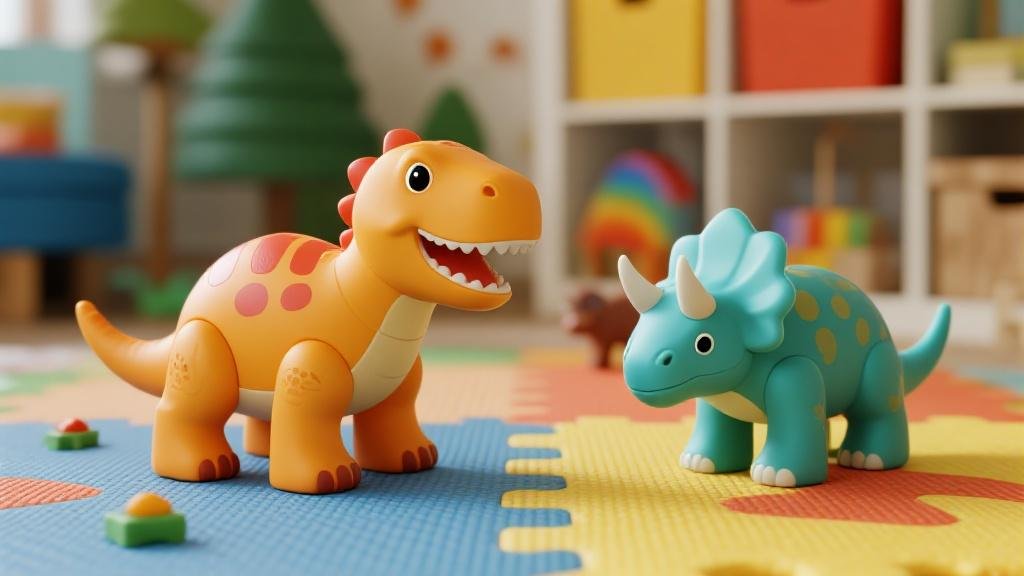 Safe durable dinosaur toys for 3 year old toddlers with chunky colorful T-Rex and triceratops figures