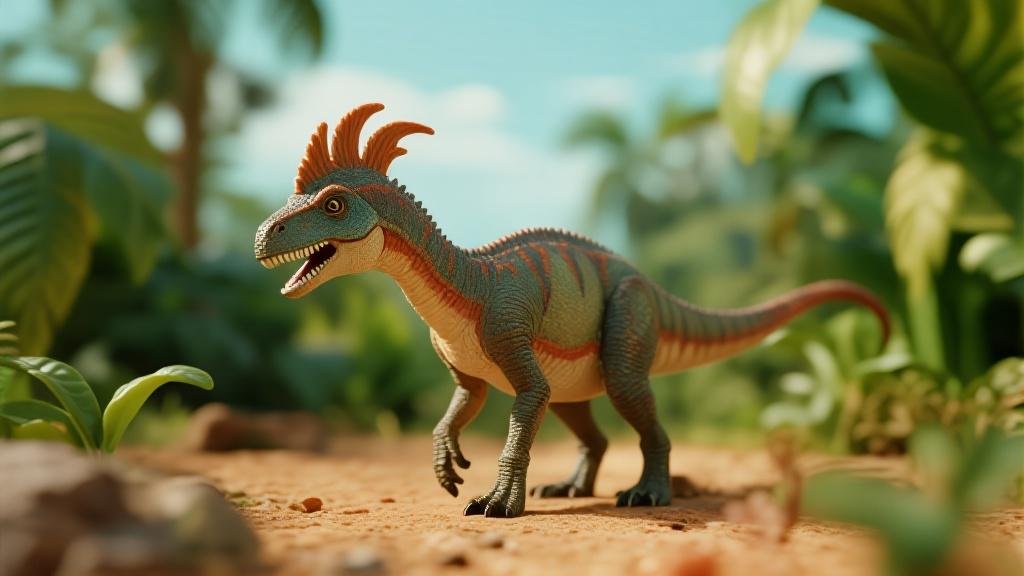 Dilophosaurus dinosaur figure with distinctive double crest on head colorful theropod predator collectible model