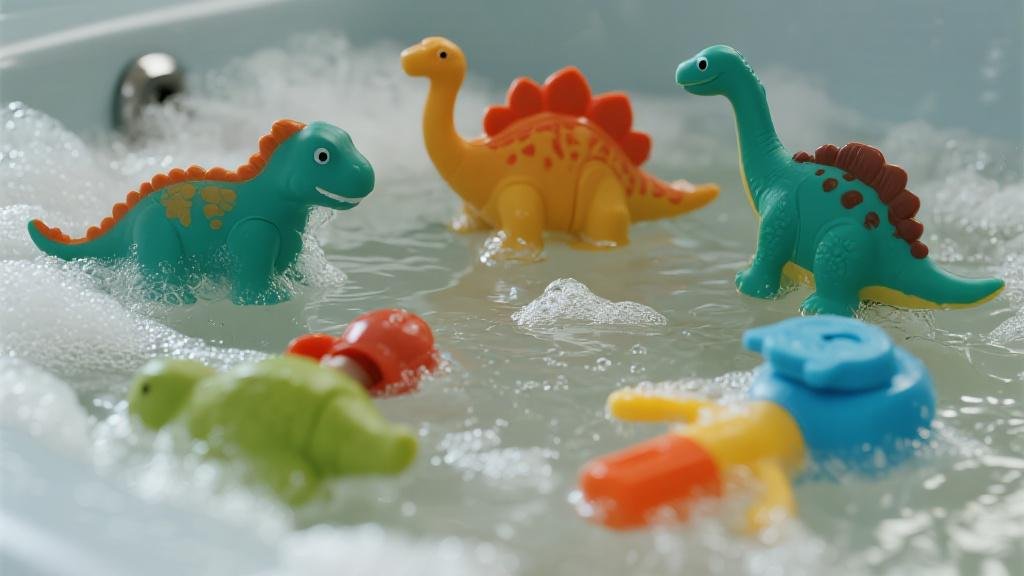 Fun dinosaur bath toys floating in a bubbly bathtub for kids bath time