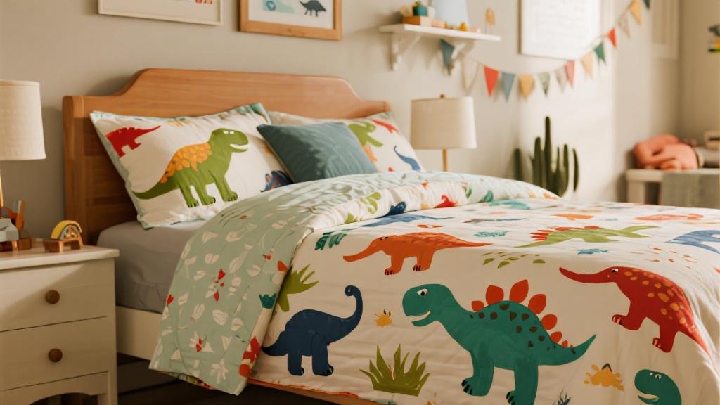 Cozy kids bedroom with dinosaur bedding set featuring T-Rex and Stegosaurus comforter
