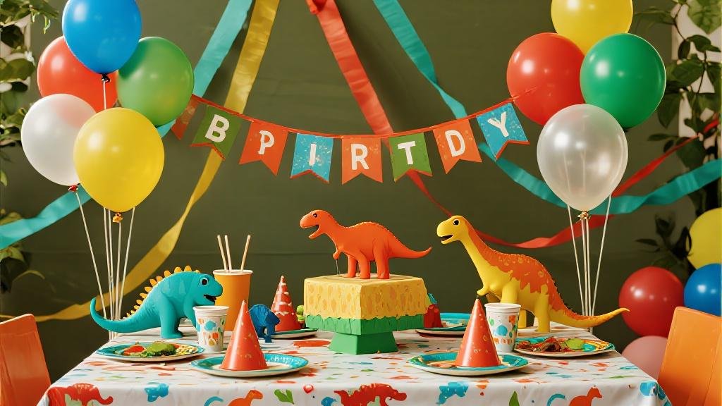Dinosaur birthday party setup with dino plates cups banners and colorful decorations