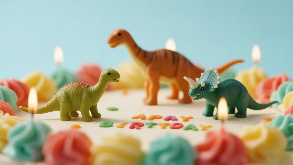 Dinosaur cake toppers decorating a birthday cake with T-Rex and Triceratops figurines