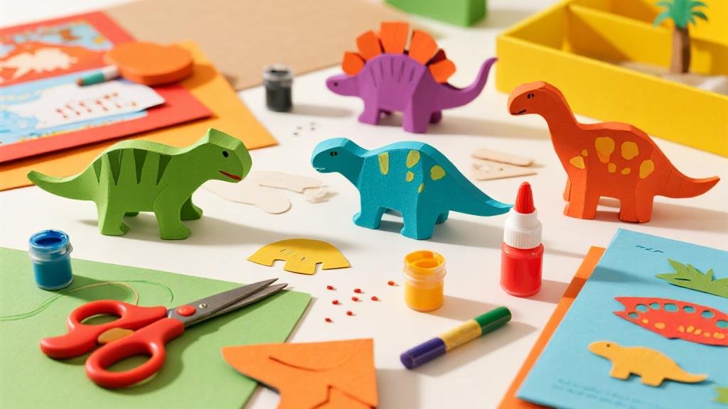 Colorful dinosaur craft kits for kids with paint-your-own dino figurines and art supplies