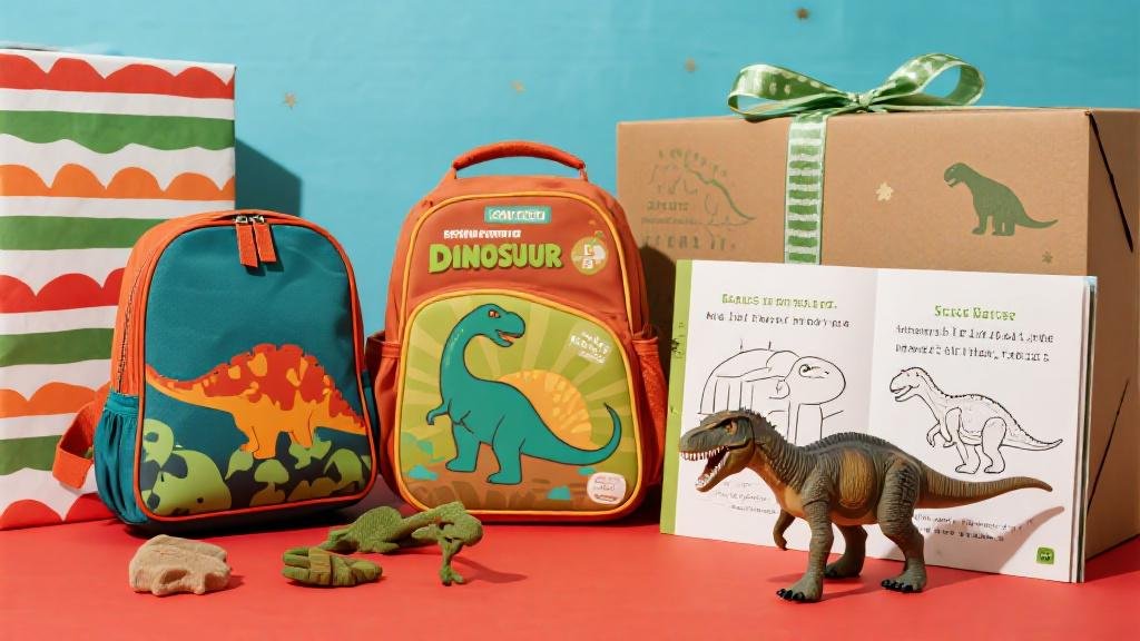 Dinosaur gift ideas for 5 year olds with wrapped dino toys backpack and coloring book