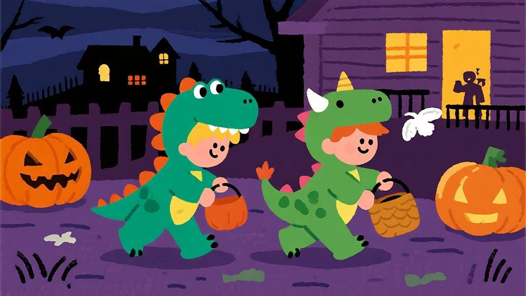 Kids wearing colorful dinosaur Halloween costumes including T-Rex and triceratops outfits for trick-or-treating