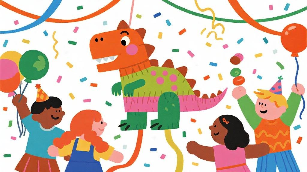 Best dinosaur pinatas and party supplies for kids birthday party with confetti candy and dino decorations