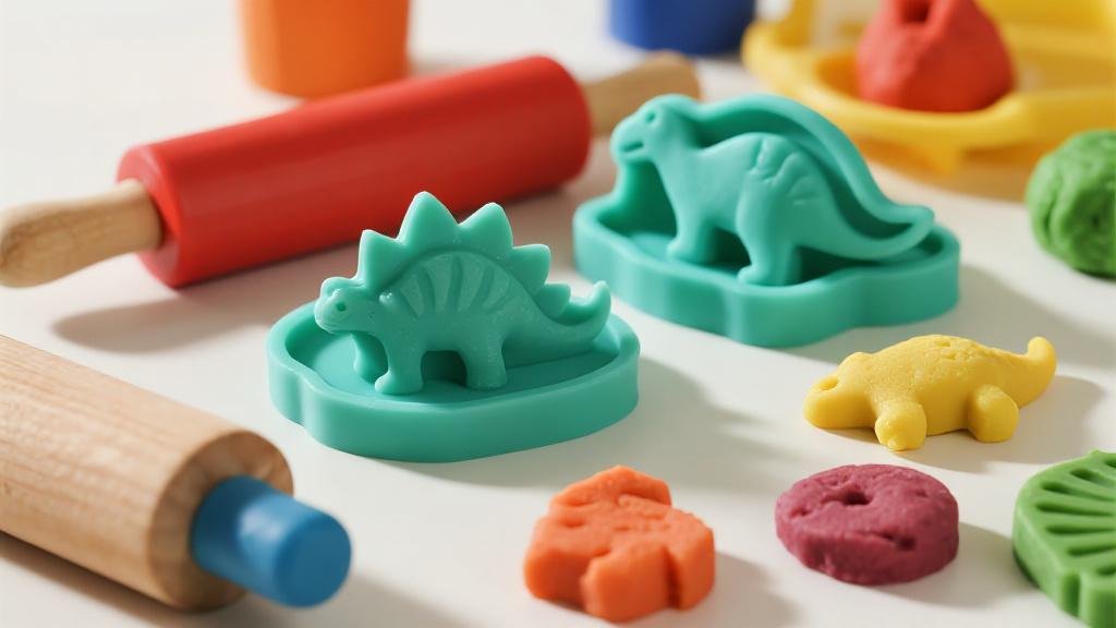 Colorful dinosaur play dough set with dino molds and creative molding tools for kids
