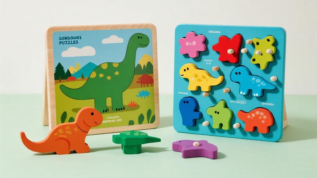 Chunky wooden dinosaur puzzles for toddlers with big colorful dino pieces
