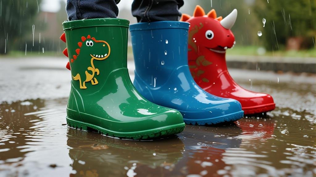 Colorful waterproof dinosaur rain boots for kids in puddles on a rainy day