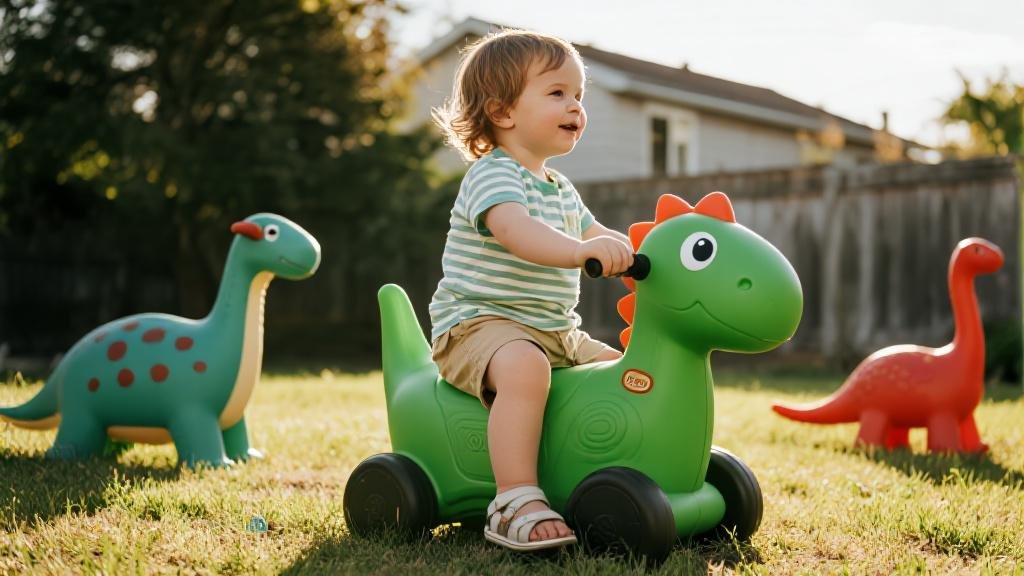 Toddler riding a green dinosaur ride-on toy in a sunny backyard