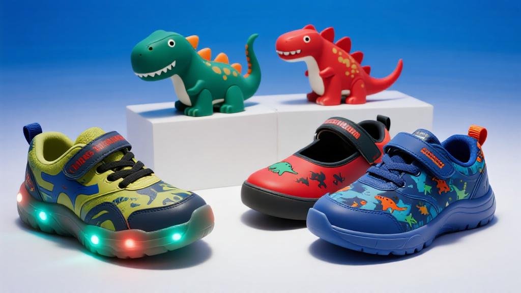 Colorful dinosaur shoes for kids including light-up sneakers and dino-print slip-ons