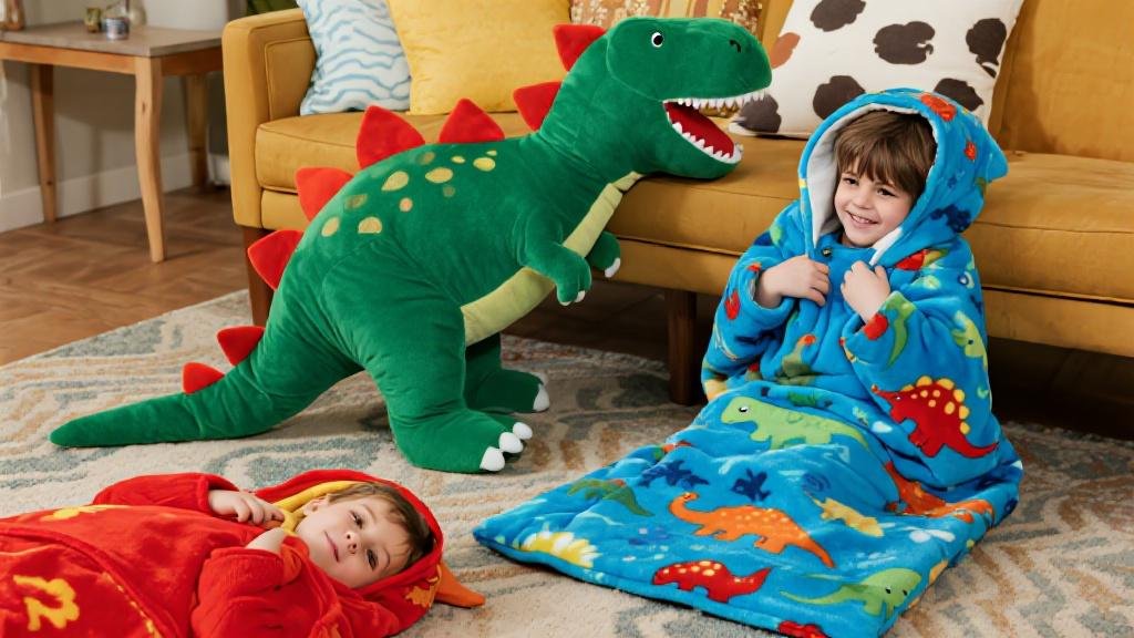 Cozy dinosaur sleeping bags for kids with T-Rex shaped and dino-print designs