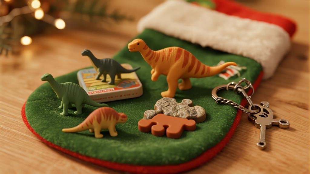 Small dinosaur stocking stuffers with mini dino figurines and fossil keychains