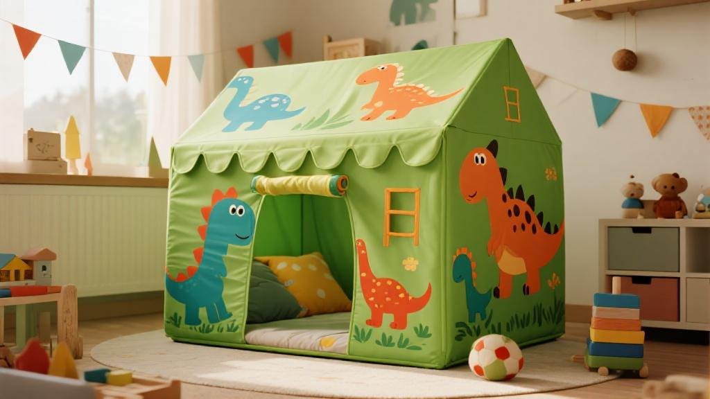 Colorful dinosaur play tent for kids with cartoon dino prints in a bright playroom