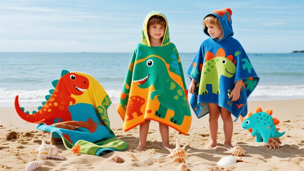 Dinosaur hooded beach towels and bath wraps for kids with T-Rex and Triceratops designs