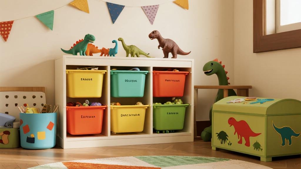Organized dinosaur toy storage bins and shelves in a kids playroom