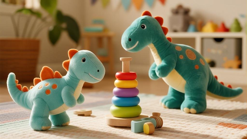 Safe soft dinosaur toys for 1 year old babies with plush dinos and rubber bath toys