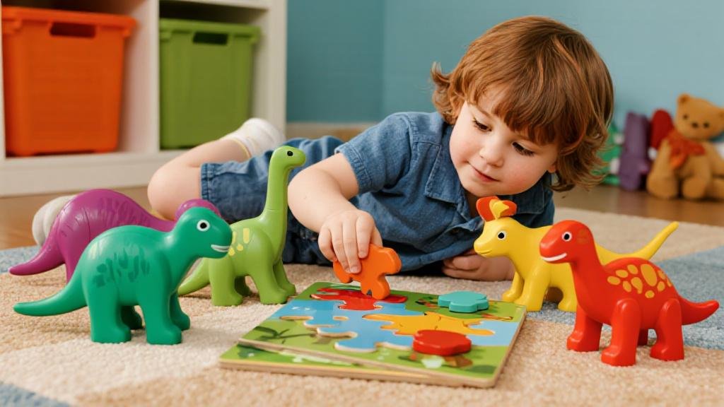 Colorful dinosaur toys for 4 year old preschoolers with chunky figurines and puzzles