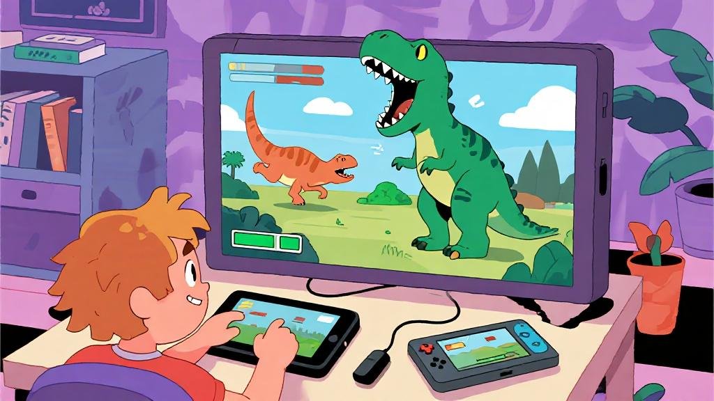 Best dinosaur video games and apps for kids featuring T-Rex and velociraptor characters on tablets and consoles