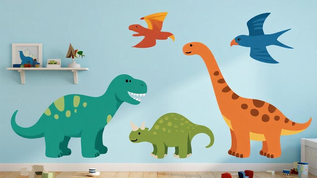 Colorful peel-and-stick dinosaur wall decals decorating a kids room with T-Rex and Brachiosaurus