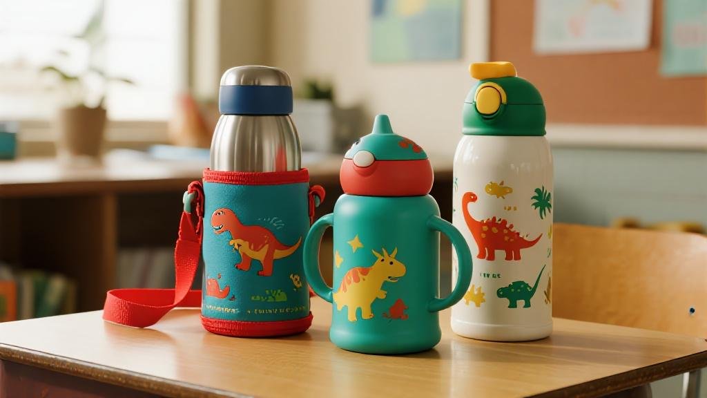 Durable dinosaur water bottles for kids with T-Rex and Triceratops designs