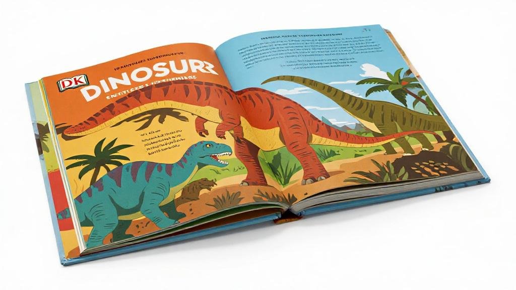 DK Dinosaur Encyclopedia book open showing colorful illustrations and facts about prehistoric creatures for kids