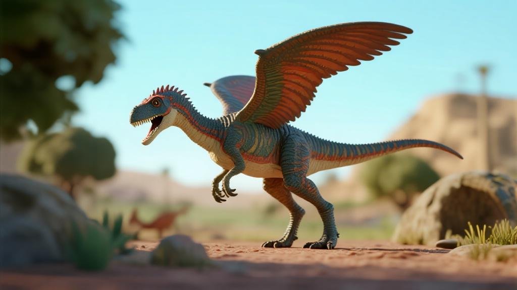 Feathered dinosaur toy figures with scientifically accurate plumage including velociraptor with colorful feathers