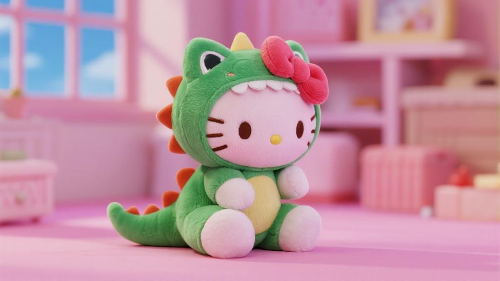 Hello Kitty dinosaur plush toy cute kawaii cat in green dino costume collectible