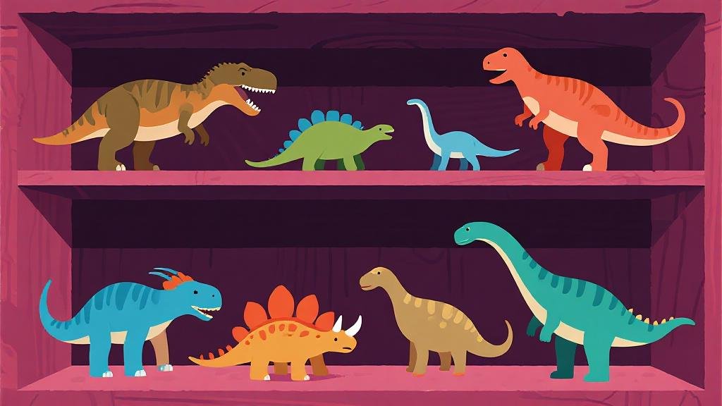 Dinosaur figure collection display shelf with various species including T-Rex raptor and triceratops toys