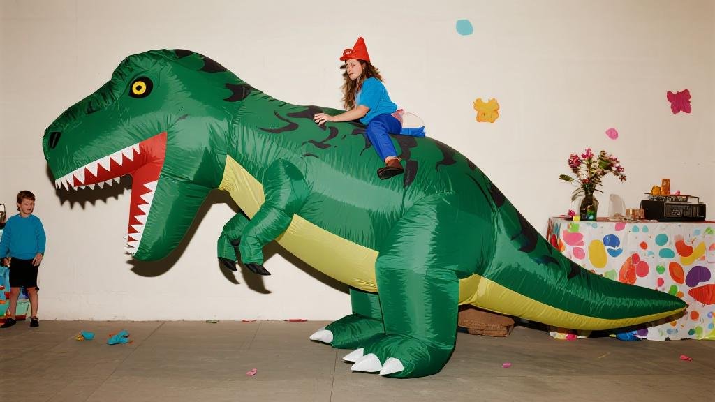 Adult inflatable T-Rex dinosaur costume blow-up suit perfect for Halloween parties and funny events