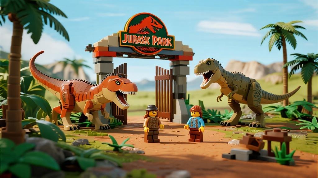 Jurassic Park dinosaur toys and LEGO Duplo sets with brick-built T-Rex and velociraptor figures