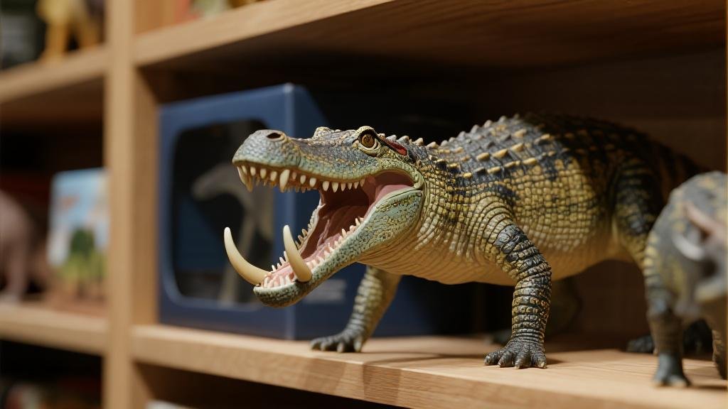Kaprosuchus prehistoric crocodile figure toy with large tusks and powerful jaws on display shelf