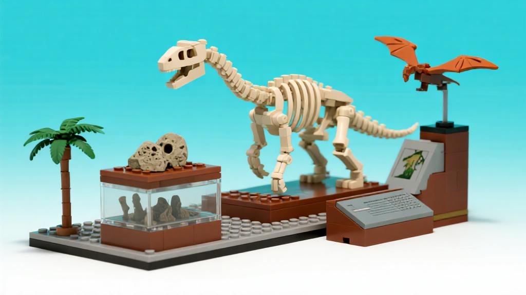 LEGO Ideas Dinosaur Fossils set 21320 with brick-built T-Rex triceratops and pteranodon skeletons on display