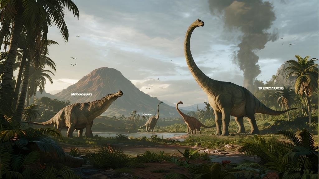 Illustration ère Mésozoïque Trias Jurassique Crétacé avec dinosaures et paysages préhistoriques