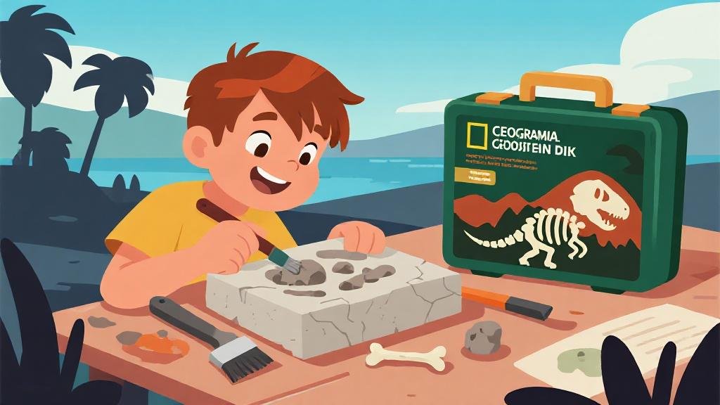 National Geographic dinosaur dig kit with kid excavating fossil bones using paleontology tools