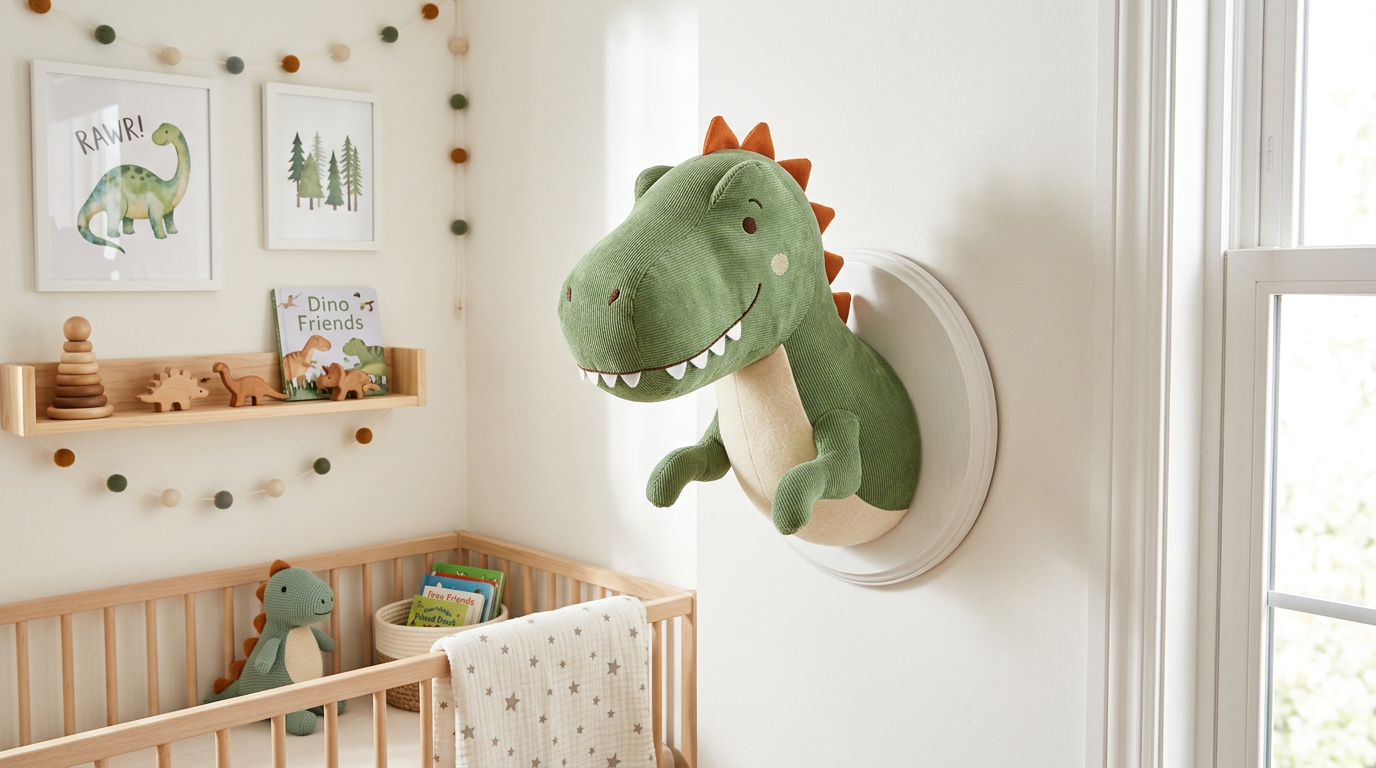 Tête de dinosaure en peluche murale – idée cadeau décoration chambre enfant