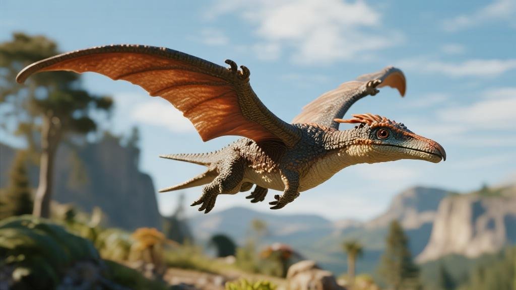 Pteranodon flying reptile figure toy with large wingspan soaring through prehistoric sky with head crest