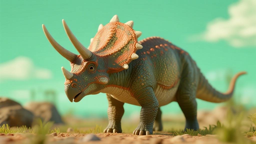 Styracosaurus dinosaur figure with impressive crown of long horns around frill and nose horn ceratopsian model