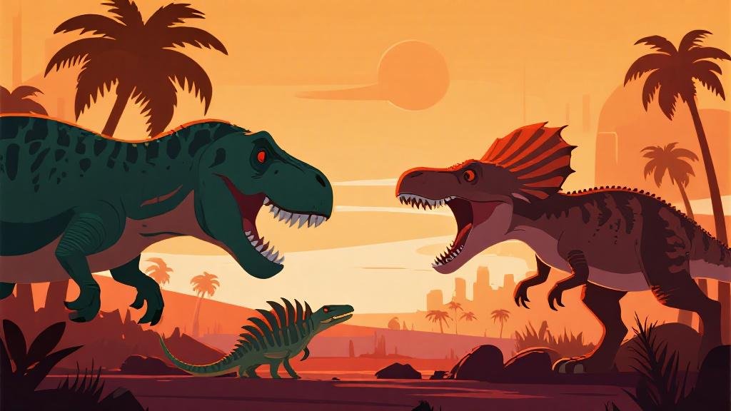 Epic battle between T-Rex and Spinosaurus dinosaurs facing off in dramatic prehistoric confrontation