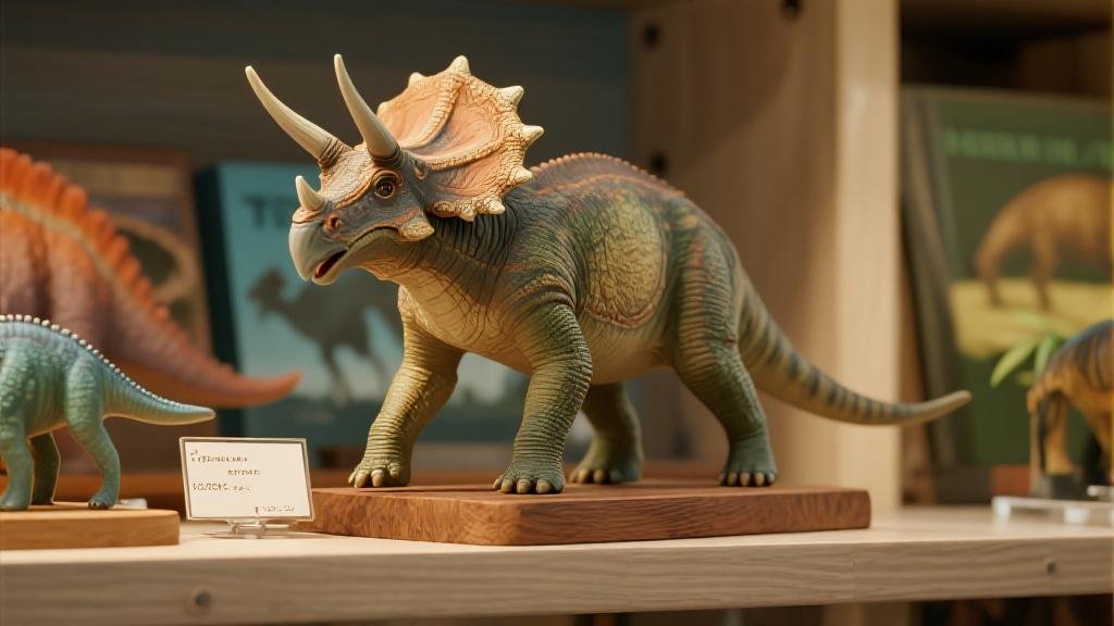 Triceratops dinosaur figure beautifully displayed on collector shelf three-horned herbivore with large frill