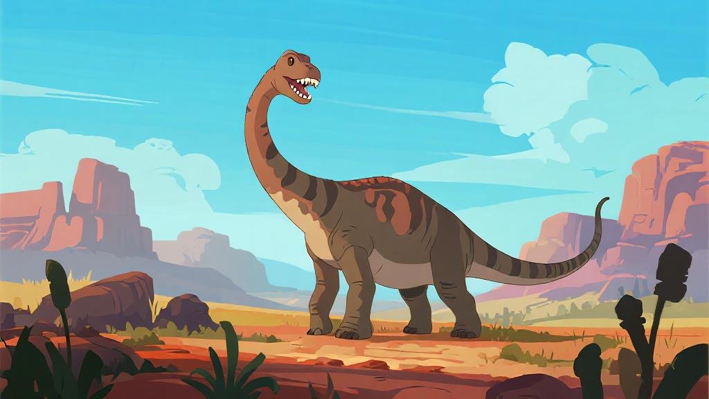 Nigersaurus dinosaur with unique wide flat mouth showing hundreds of teeth in prehistoric landscape