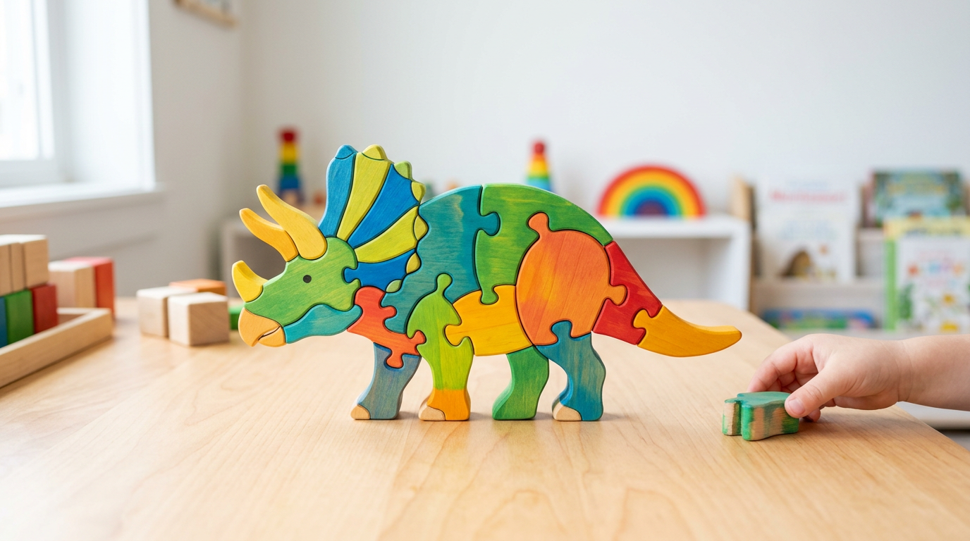 Puzzle dinosaure en bois Tricératops – jouet éducatif coloré pour enfant