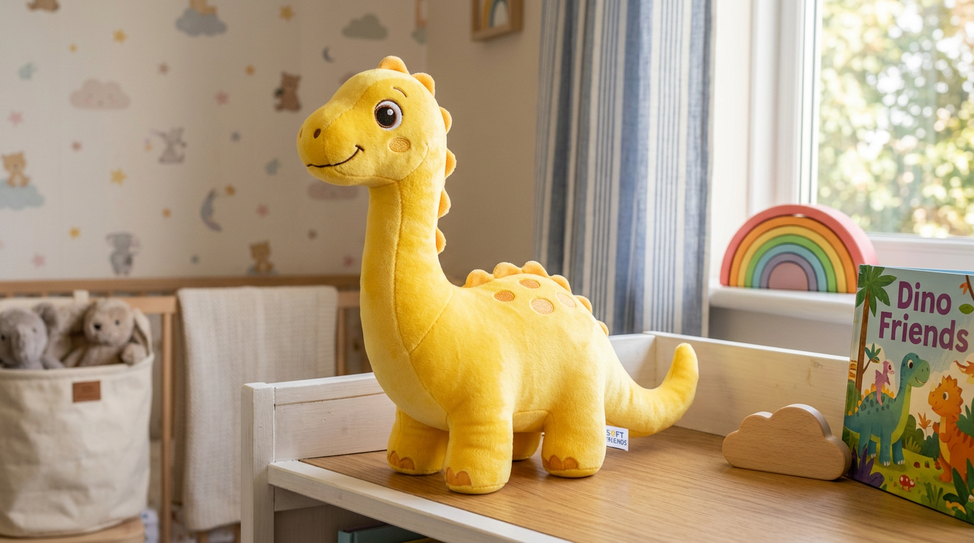Peluche dinosaure jaune pour tout-petit – jouet éducatif doux et sûr