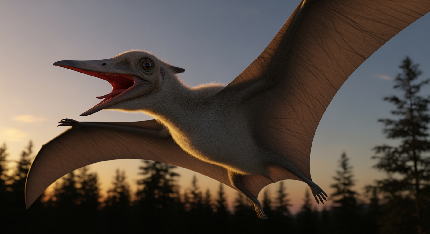 Paleo-art of Anurognathus, a tiny pterosaur catching insects at dusk