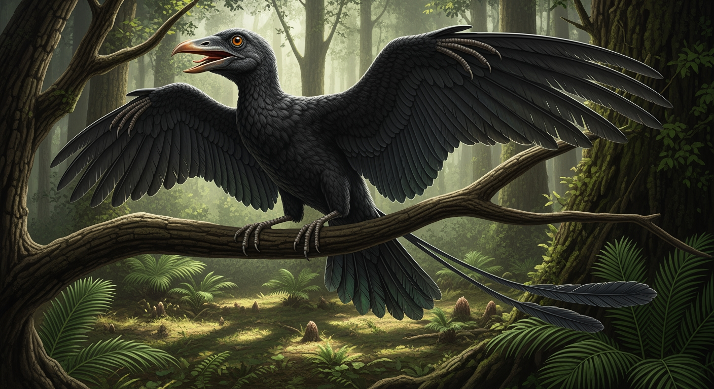 Paleo-art of Archaeopteryx, a feathered crow-sized early bird in a Jurassic forest