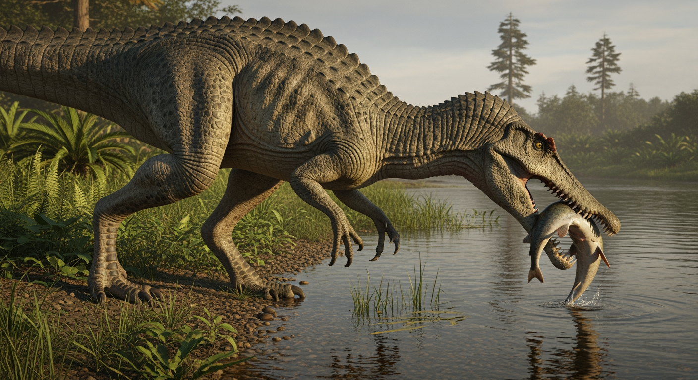 Paleo-art of Baryonyx catching fish with its claws