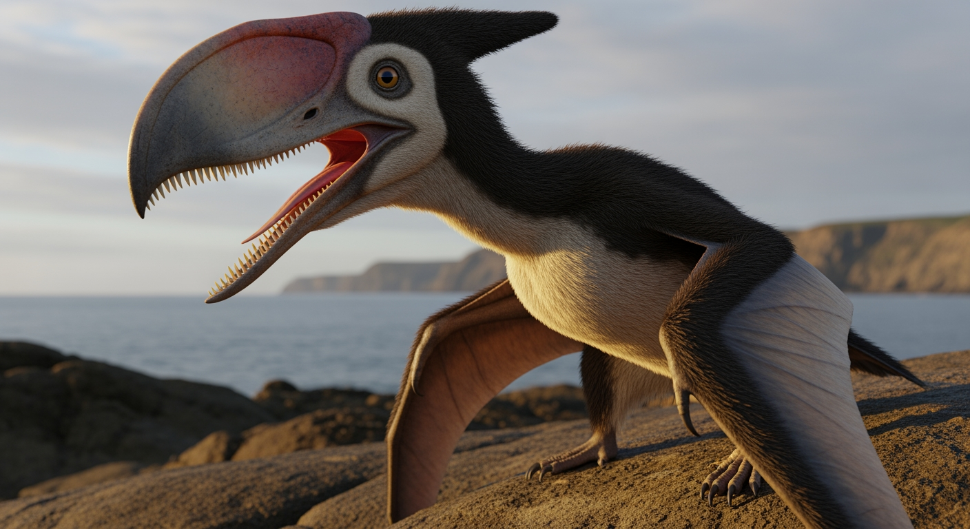 Paleo-art of Dimorphodon, a pterosaur with a large deep puffin-like head