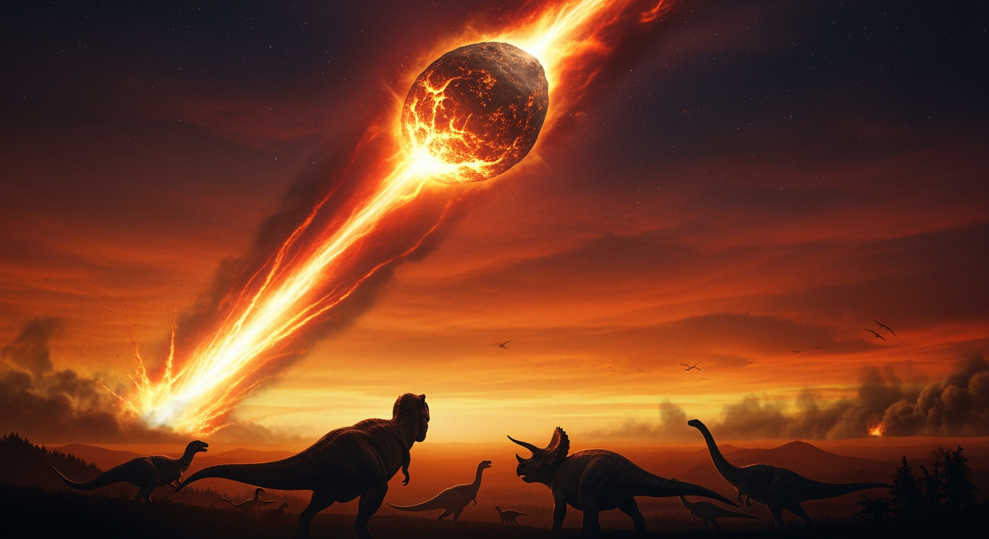 Asteroid streaking through the sky over a Late Cretaceous dinosaur landscape